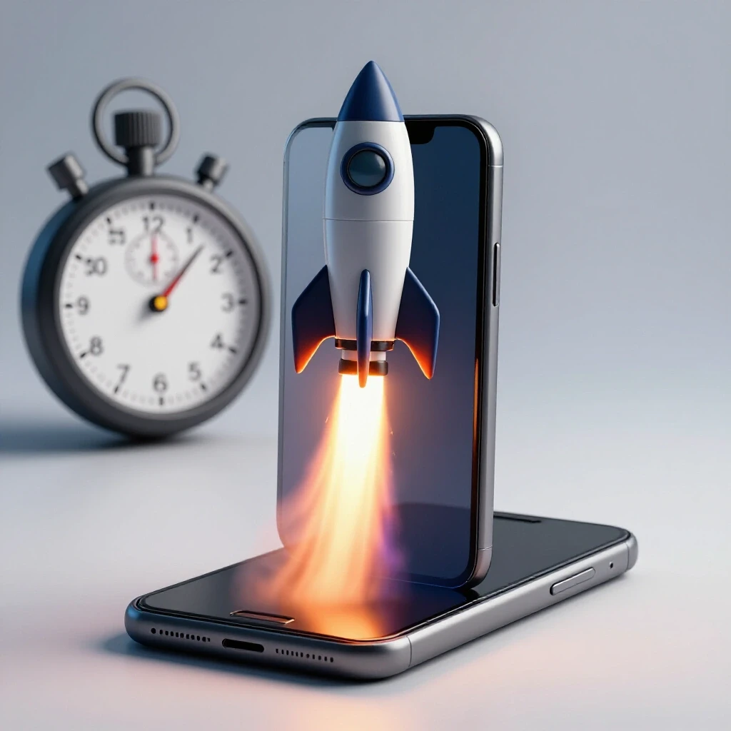 A rocket launching from a smartphone against a luminous background, symbolizing social media campaign speed.