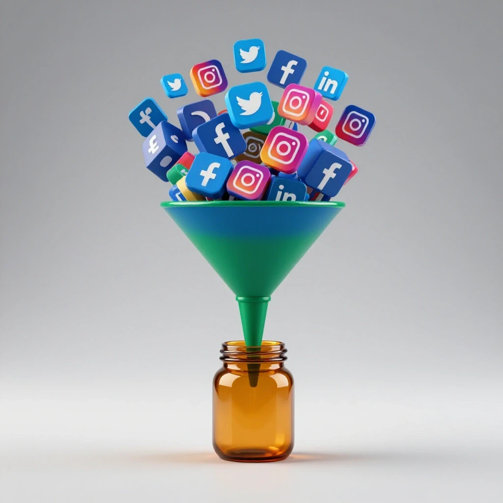 A vibrant funnel with social media icons pouring into a bright jar, symbolizing increased conversions from existing traffic.