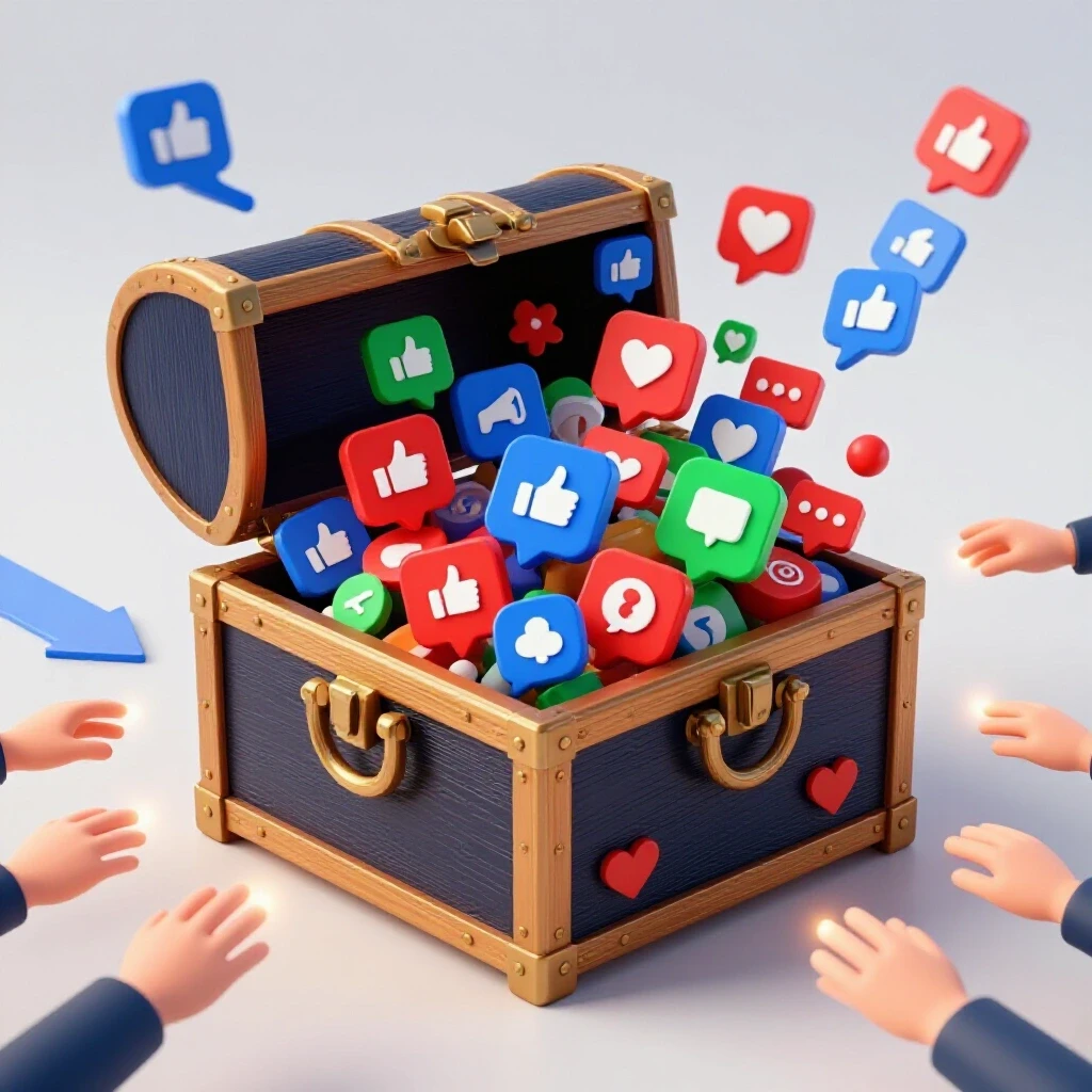 A vibrant treasure chest overflowing with social media icons and engagement metrics in a bright studio setting.