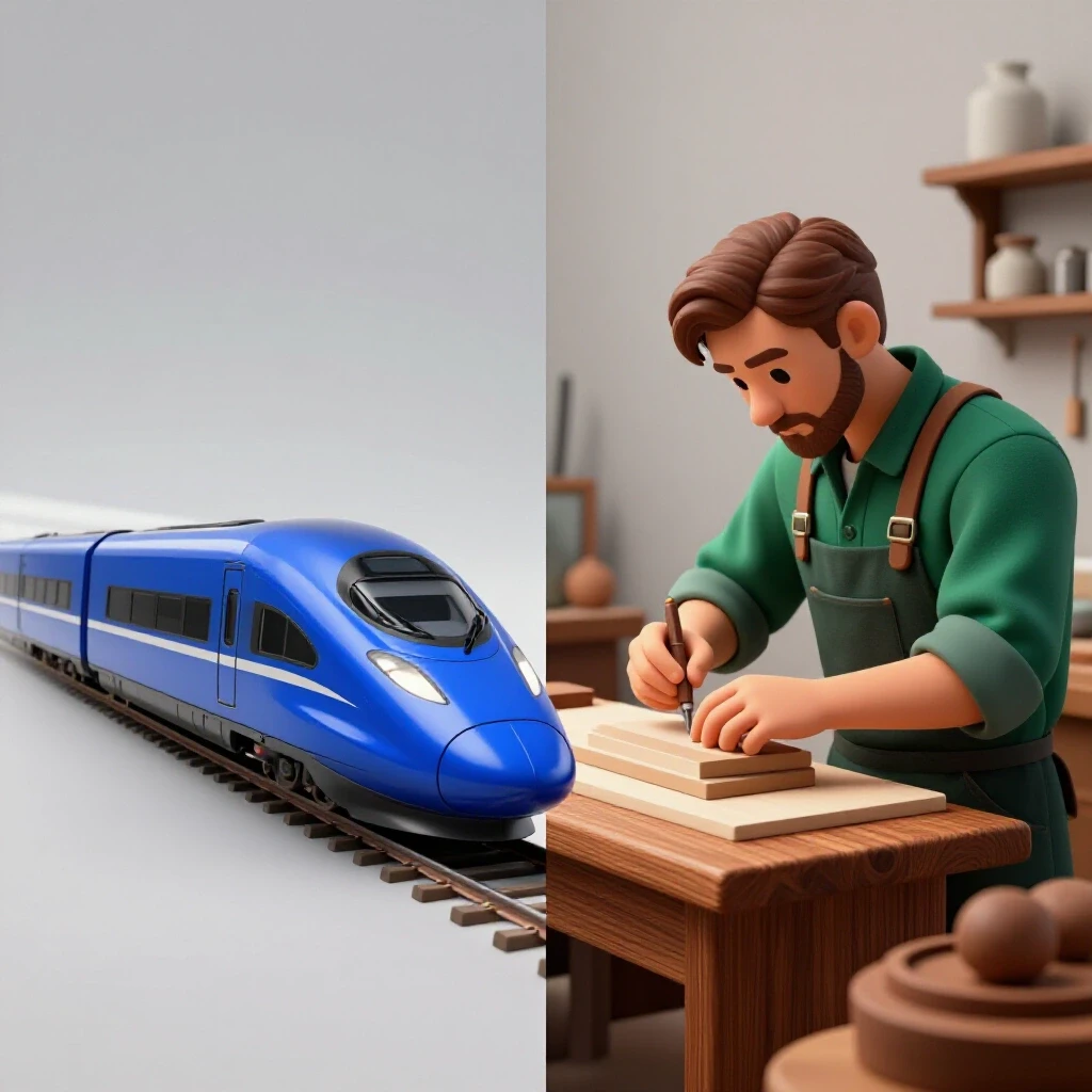A dynamic split scene featuring a fast-moving train on one side and a craftsman polishing art on the other, symbolizing speed and quality.