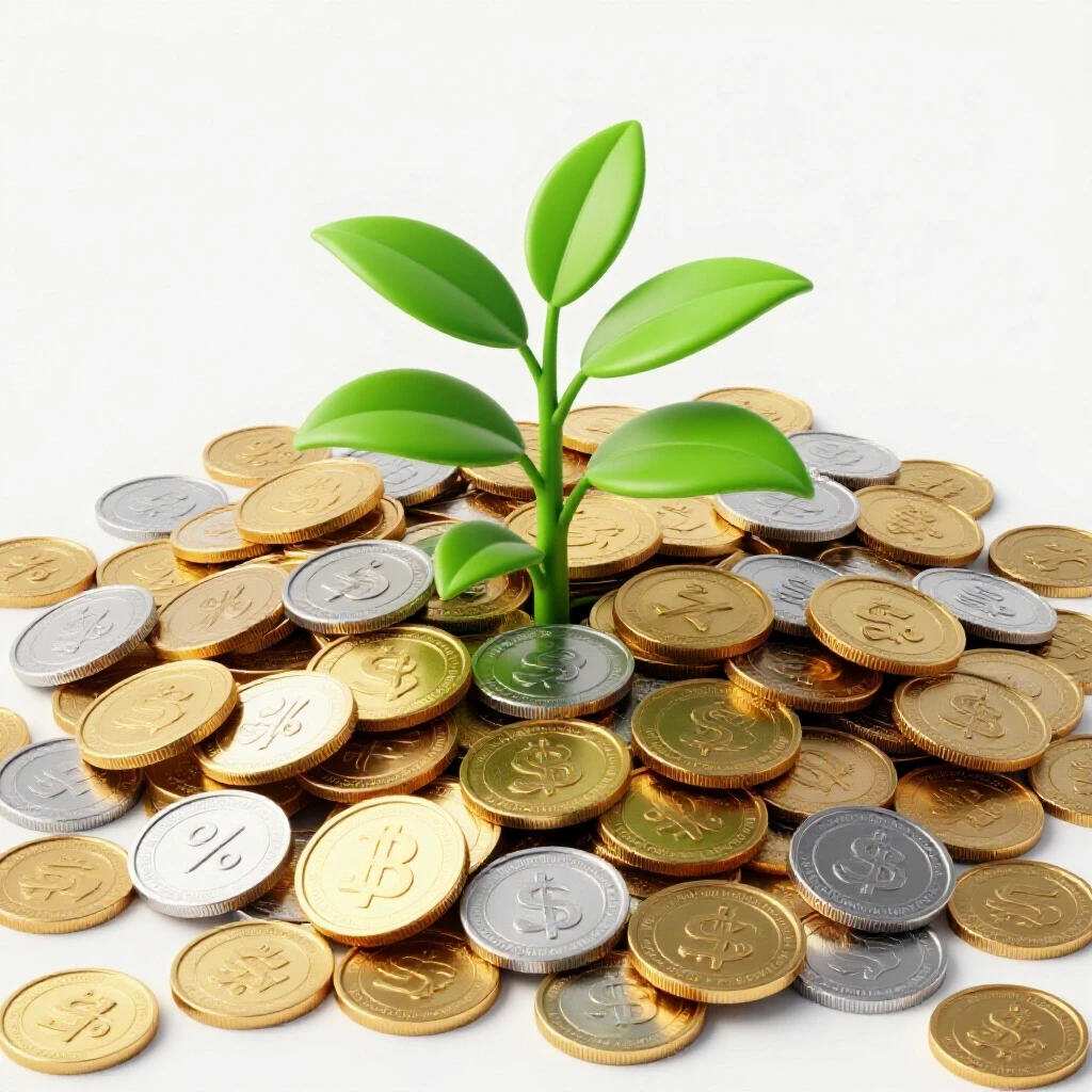 A vibrant green plant growing from a pile of shiny coins, symbolizing growth from ad investment in social media.