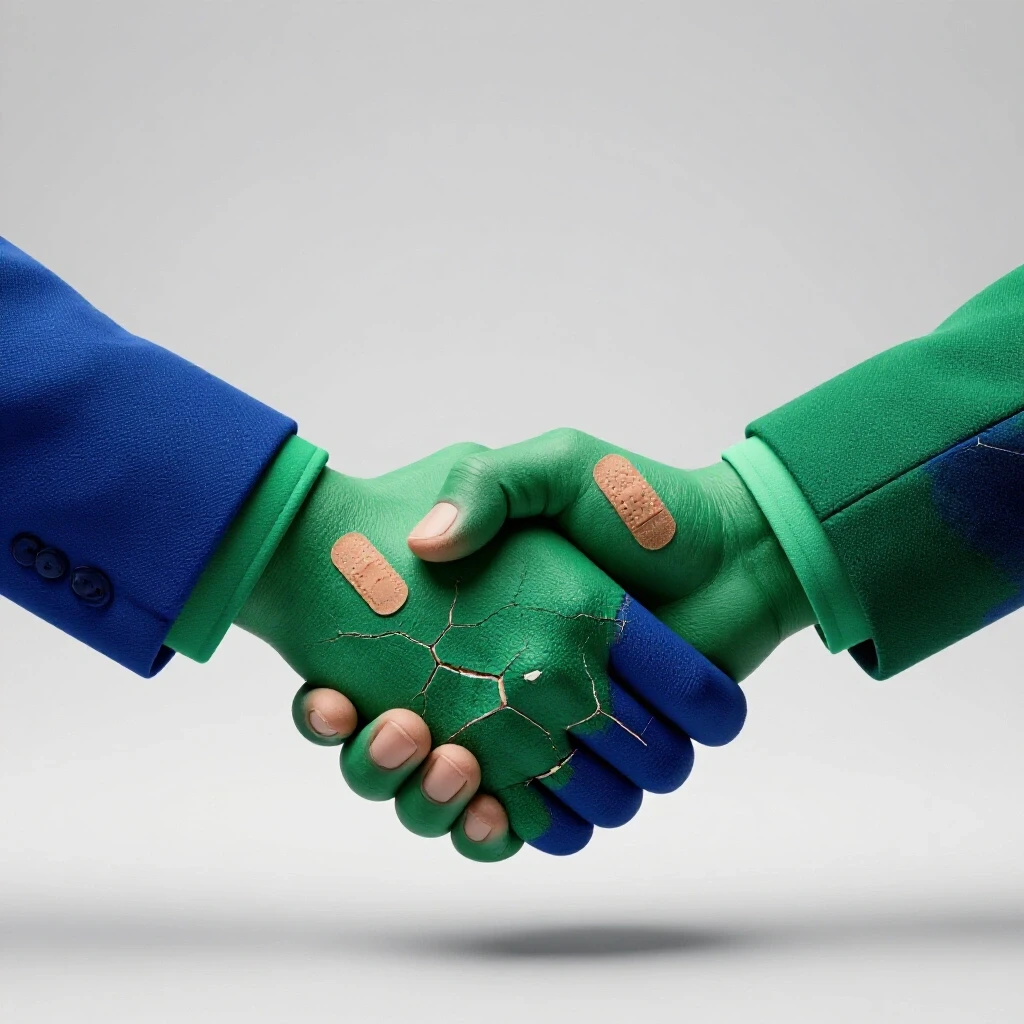 A cracked handshake symbolizing influencer partnership recovery, set against a bright background.