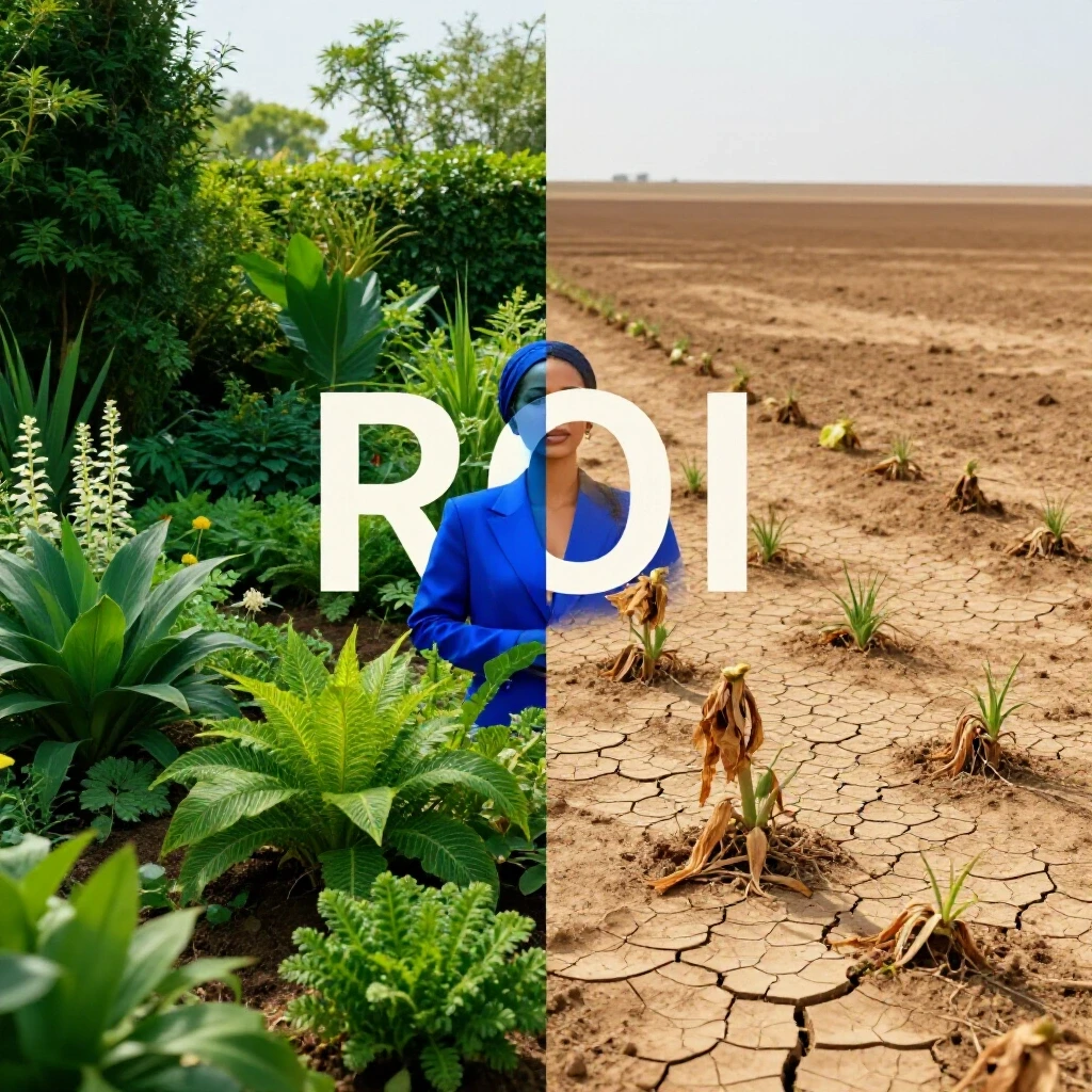Split-screen image showing a lush garden for successful influencer campaigns and a barren landscape symbolizing poor ROI.