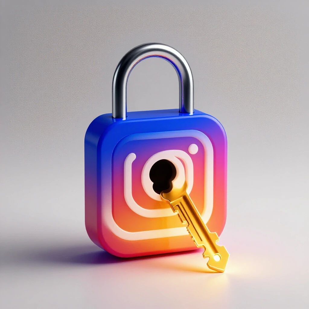 A padlock on an Instagram logo surrounded by a glowing key, symbolizing solutions for Instagram ad issues.