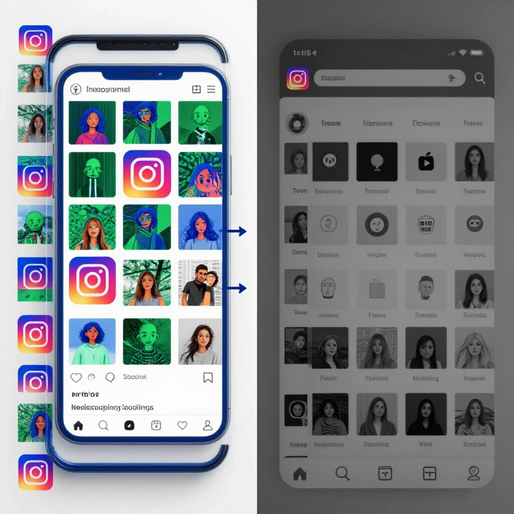 A vibrant Instagram feed contrasted with a monochrome social media platform showing algorithm impact on growth.