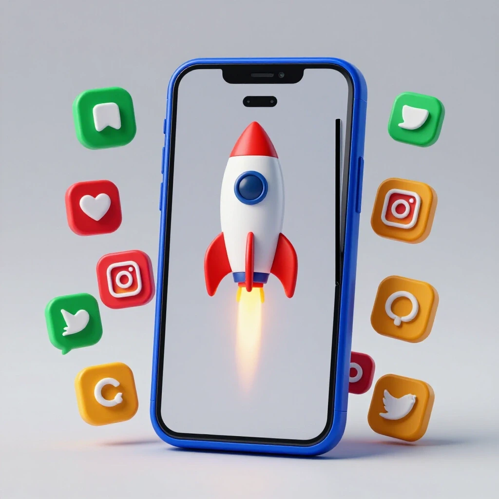 A smartphone launching a rocket surrounded by vibrant social media icons, symbolizing Instagram campaign growth.