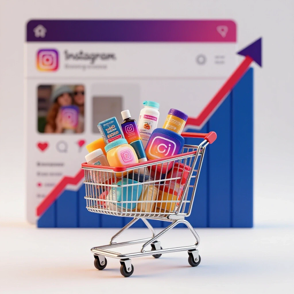 A vibrant upward-trending graph beside a shopping cart full of colorful products on a blurred Instagram interface background.