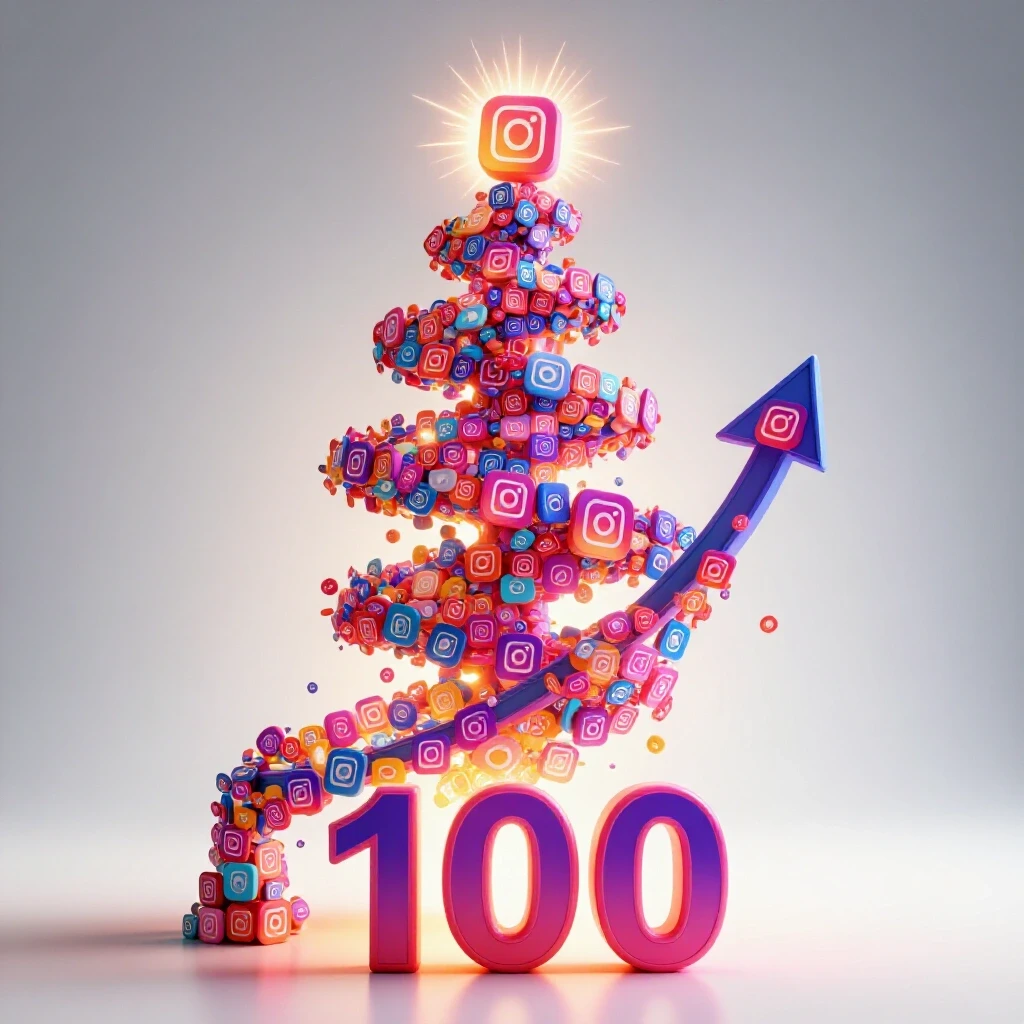 A dynamic 3D image of a colorful upward spiraling graph with Instagram icons and a large '100', symbolizing social media growth.
