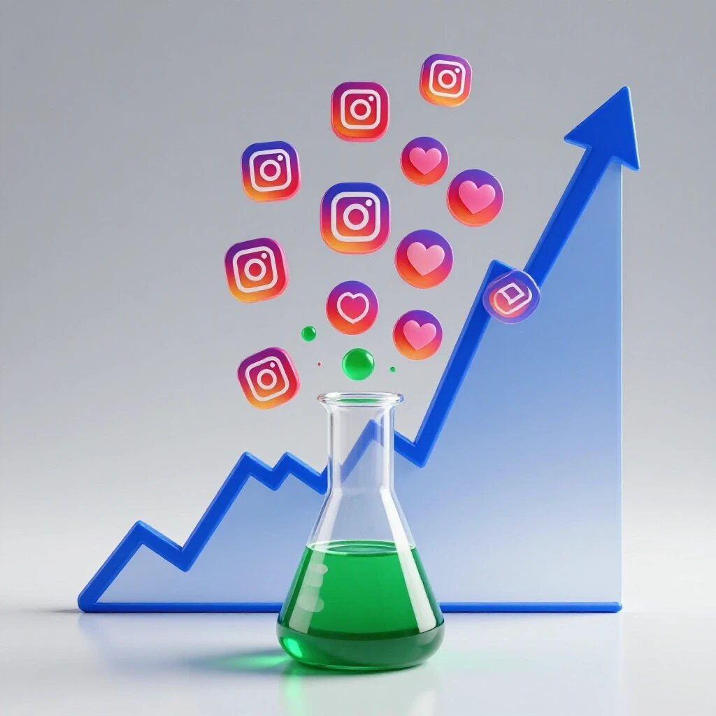 A vibrant graph and Instagram icons emerging from a beaker, symbolizing growth and creativity in social media marketing.