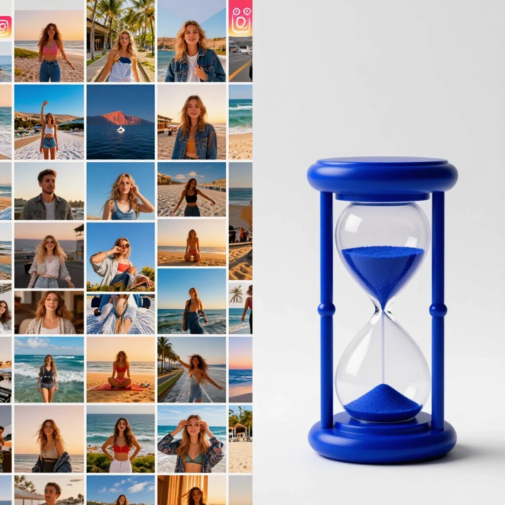 A visually striking split-image featuring a vibrant Instagram feed on one side and a slow-moving hourglass on the other against a bright backdrop.
