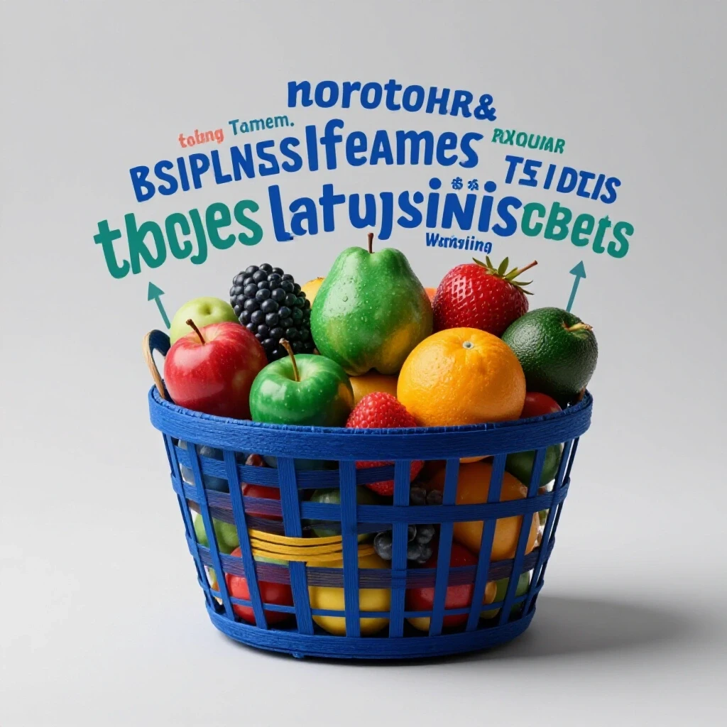 A vibrant basket overflowing with colorful hashtag fruits symbolizing social media growth, set against a bright backdrop.