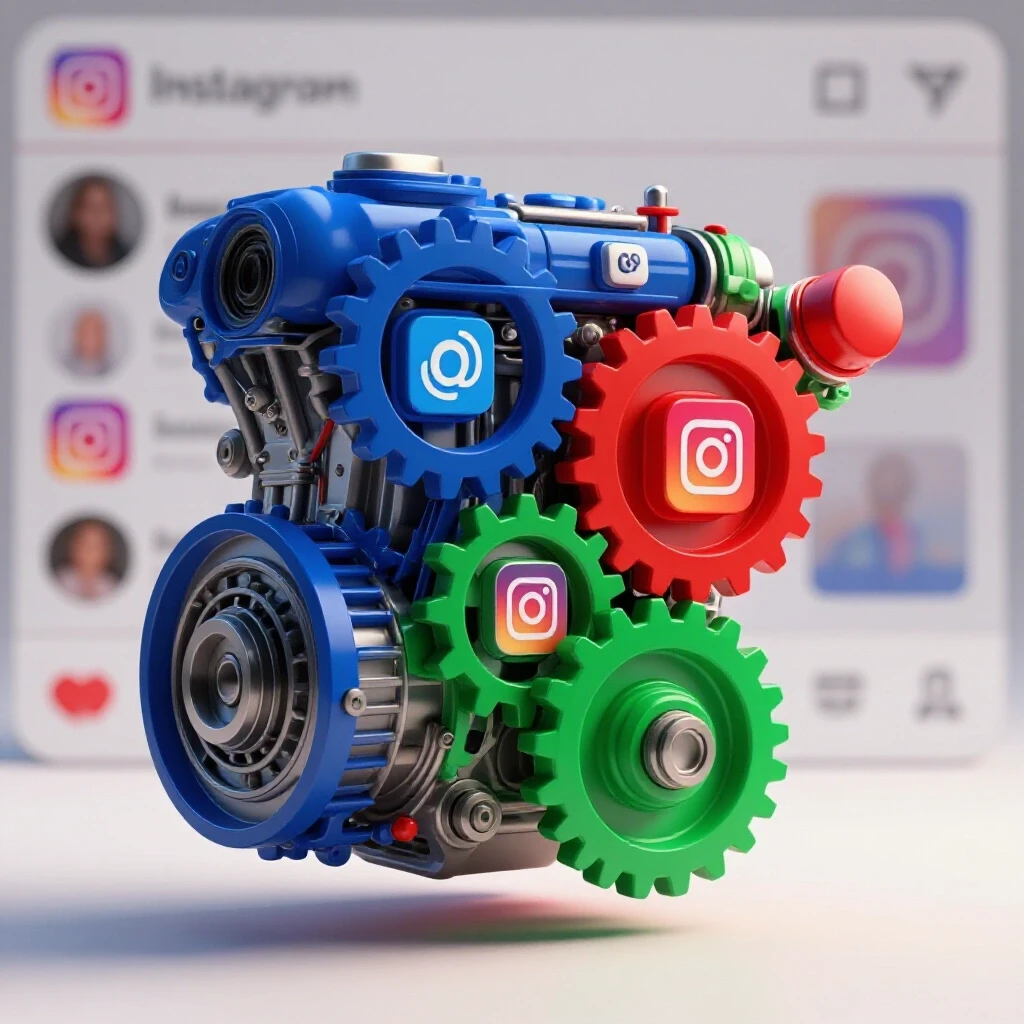 A colorful engine composed of social media icons, symbolizing lead generation and growth against an Instagram backdrop.