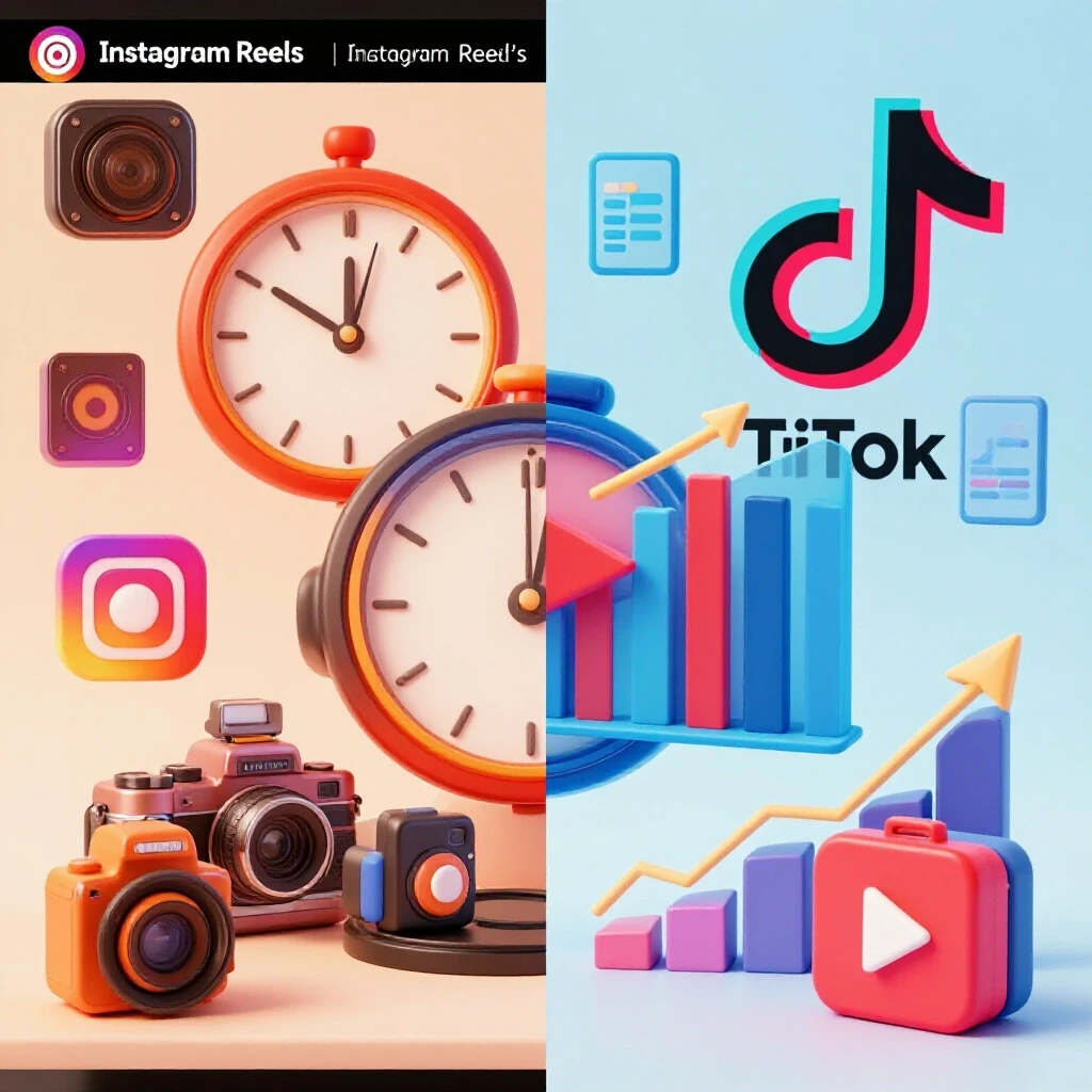 A dynamic split-screen illustration contrasting Instagram Reels and TikTok with rich color palettes and growth symbols.