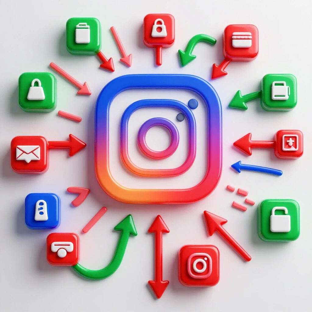 A 3D Instagram logo surrounded by colorful arrows leading to icons of various products, symbolizing retargeting.