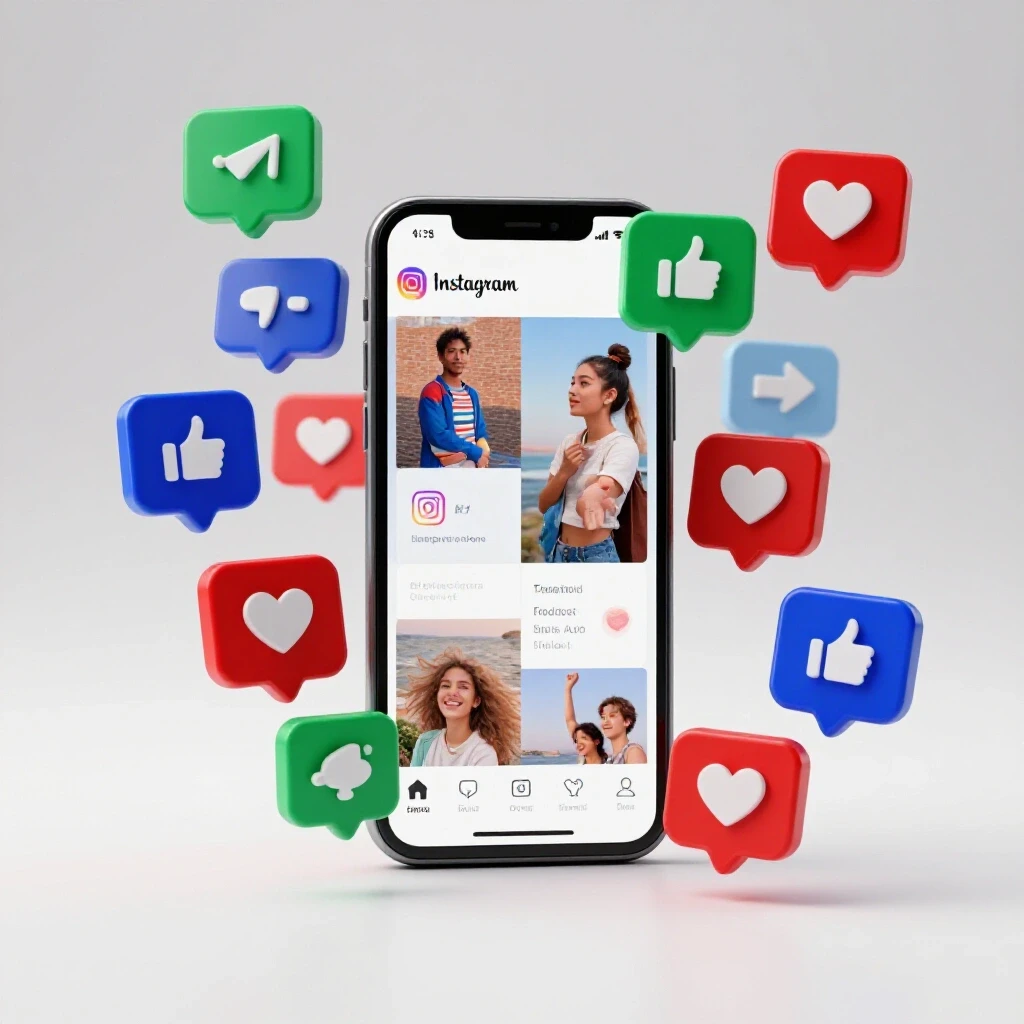 A dynamic 3D composition of a smartphone with an Instagram story interface and vibrant interaction icons to boost engagement.