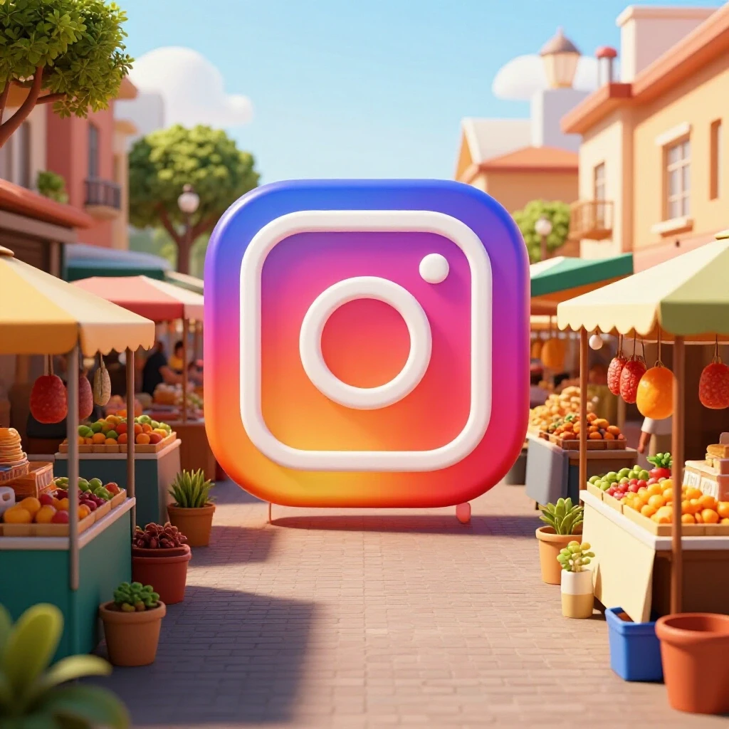 A vibrant local street market scene with an oversized Instagram logo blended into the background, symbolizing local business engagement.