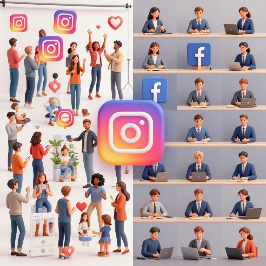 Split image contrasting Instagram's vibrant community engagement with Facebook's formal interaction setting.