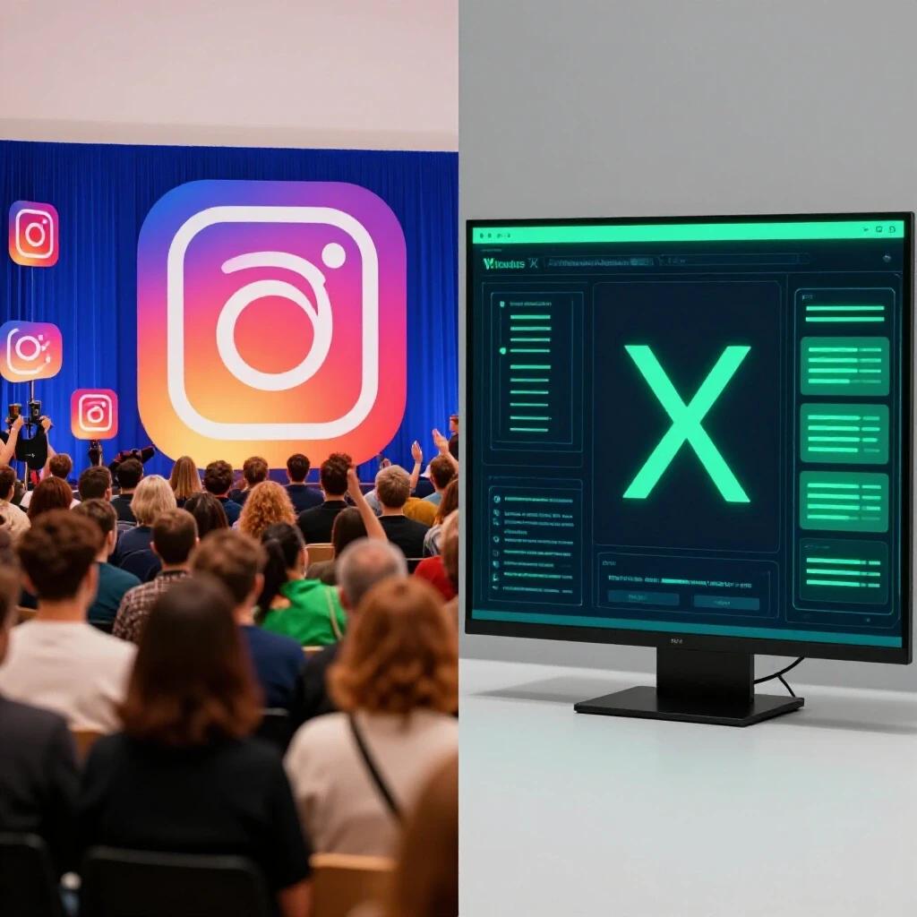 A split-screen image showing an Instagram event scene with bright colors on the left and a modern digital interface for X on the right.
