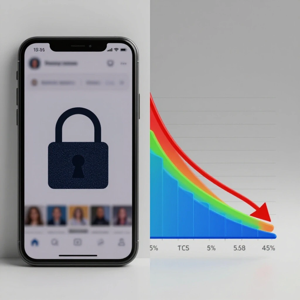 A split-screen image showing a smartphone with a padlock and a blurred social media feed on one side and a graph of declining ad costs on the other, representing iOS privacy impacts.