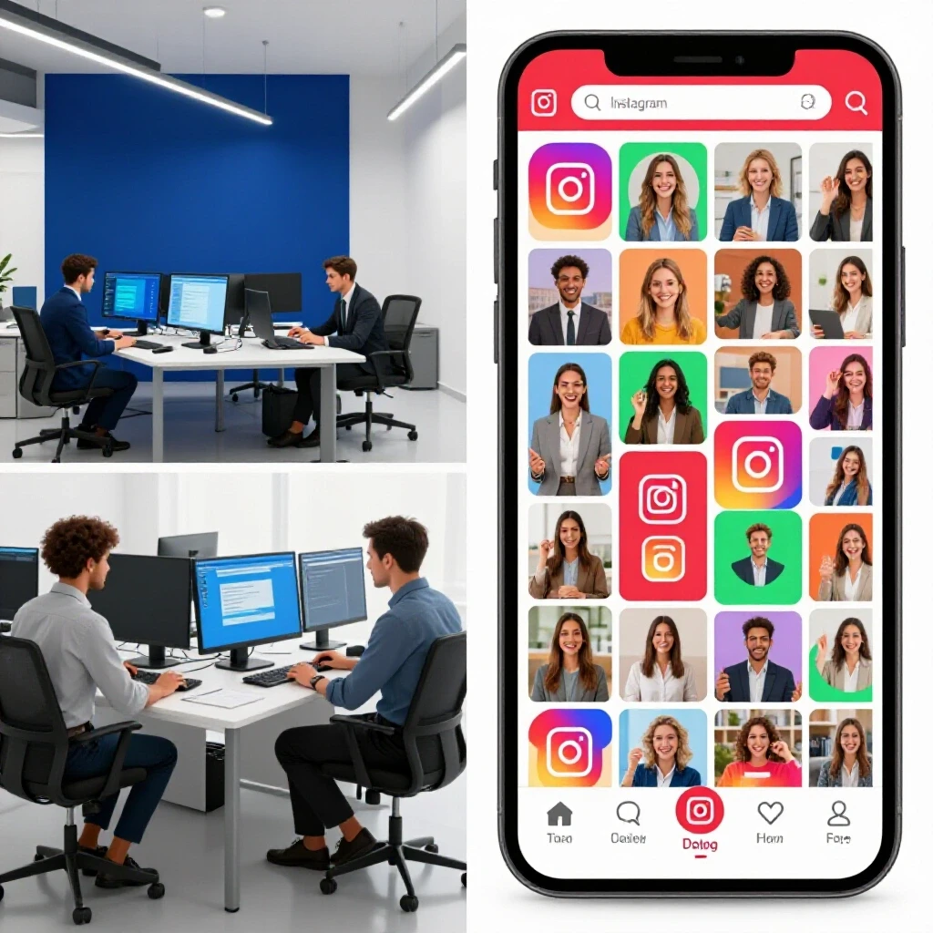 A split image showing a modern B2B SaaS office on one side and a vibrant Instagram interface on the other, highlighting business and social media dynamics.