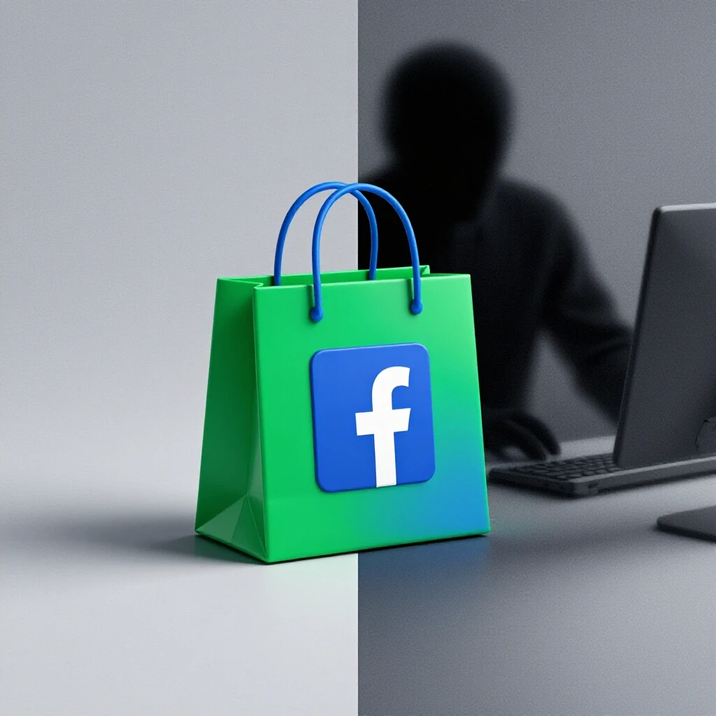 A vibrant split-screen image contrasting a bright shopping bag with a Facebook logo against a shadowy figure behind a computer screen, symbolizing safety concerns with Facebook ads.