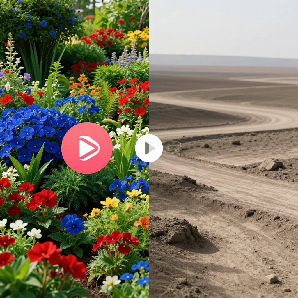 A vibrant split-image comparing a thriving social media platform garden with a barren landscape representing stagnation.