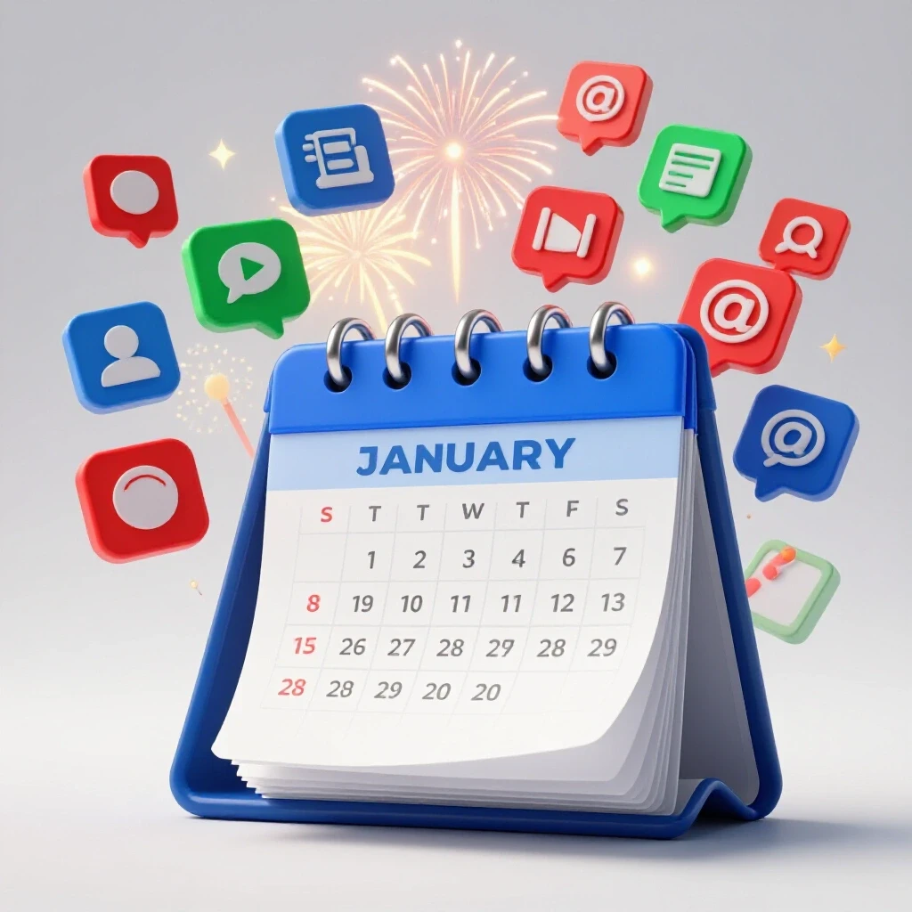 A dramatic calendar flipping with colorful social media icons bursting in the background, symbolizing January content ideas.