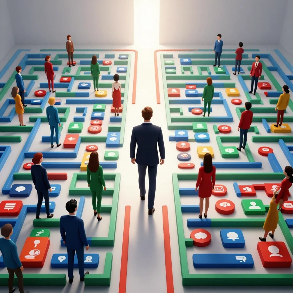 A visually striking scene of a mentor guiding diverse junior ad managers through a colorful social media maze symbolizing growth.