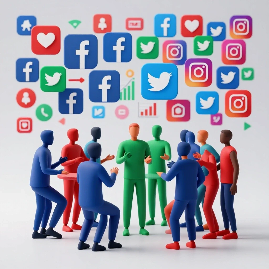 A vibrant split-image featuring faceless figures in animated discussions contrasted with social media icons and analytics.