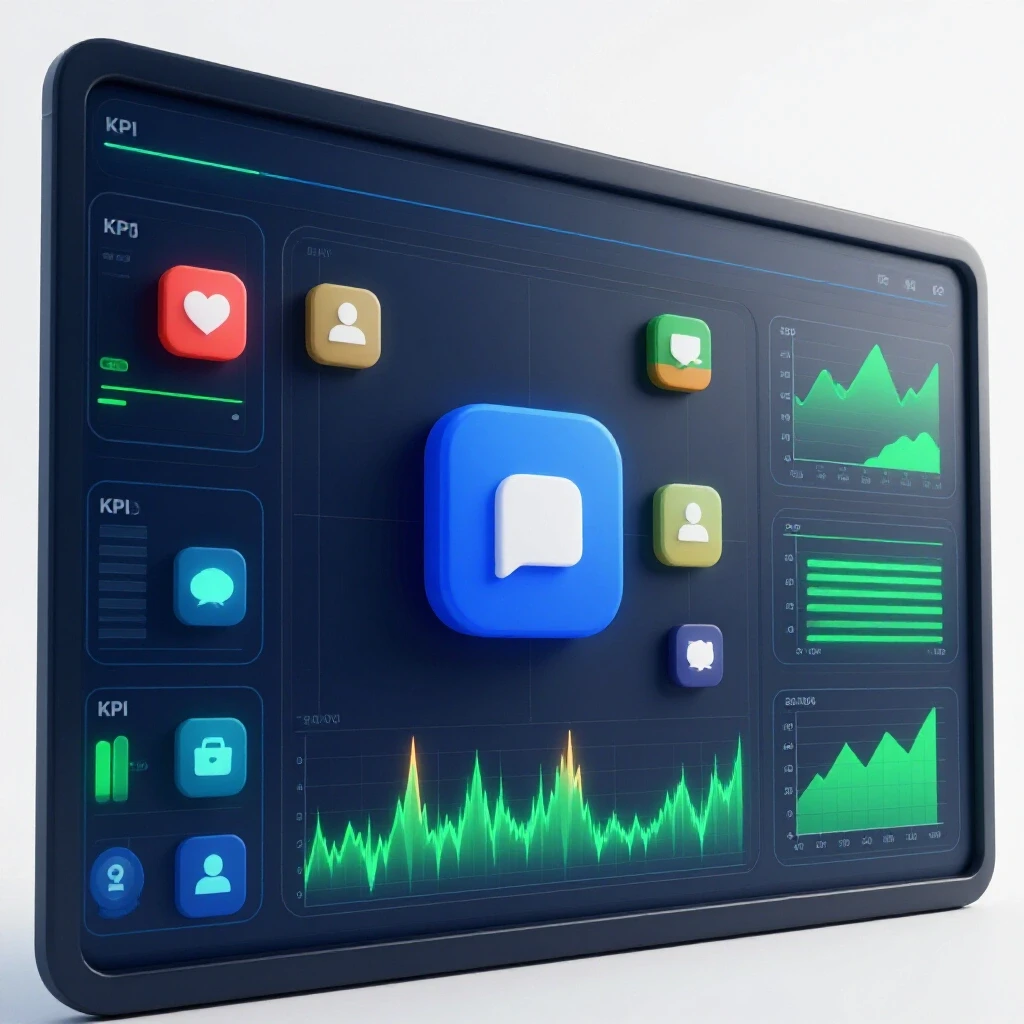 A dynamic KPI dashboard filled with vibrant social media icons and pulsating metrics in rich colors against a clean white background.