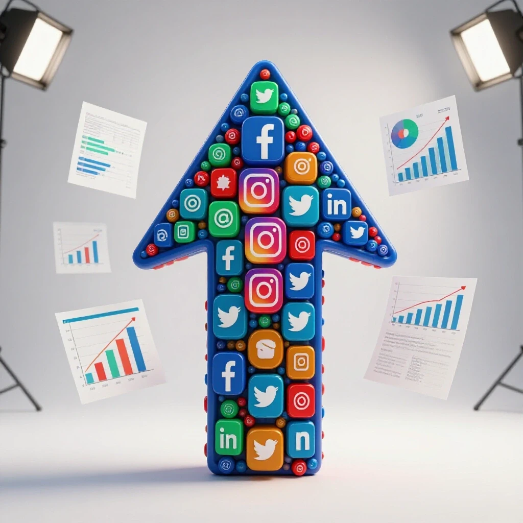 A vibrant upward arrow made of social media icons surrounded by colorful graphs, representing KPI growth.