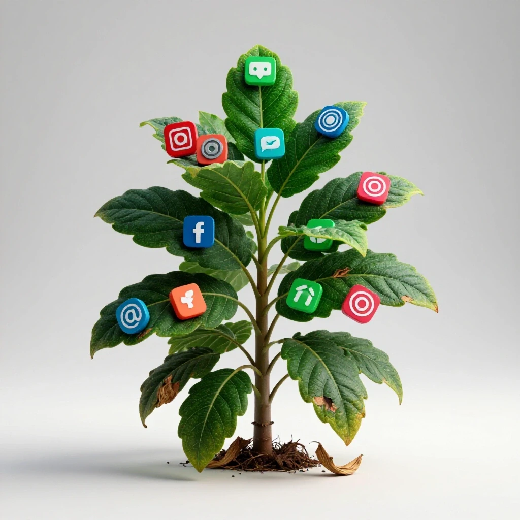 A wilting plant with vibrant social media icons as leaves against a bright background to symbolize stagnation.