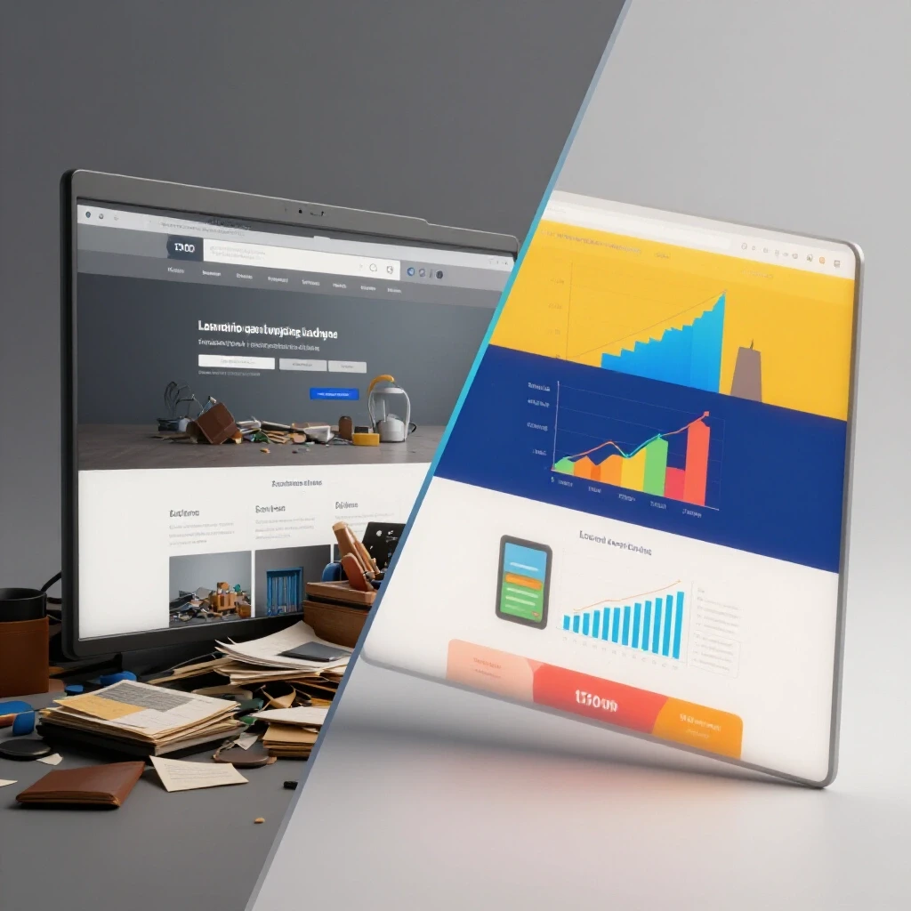 Split-screen image contrasting a cluttered landing page with low metrics against a vibrant, successful landing page with upward trends.