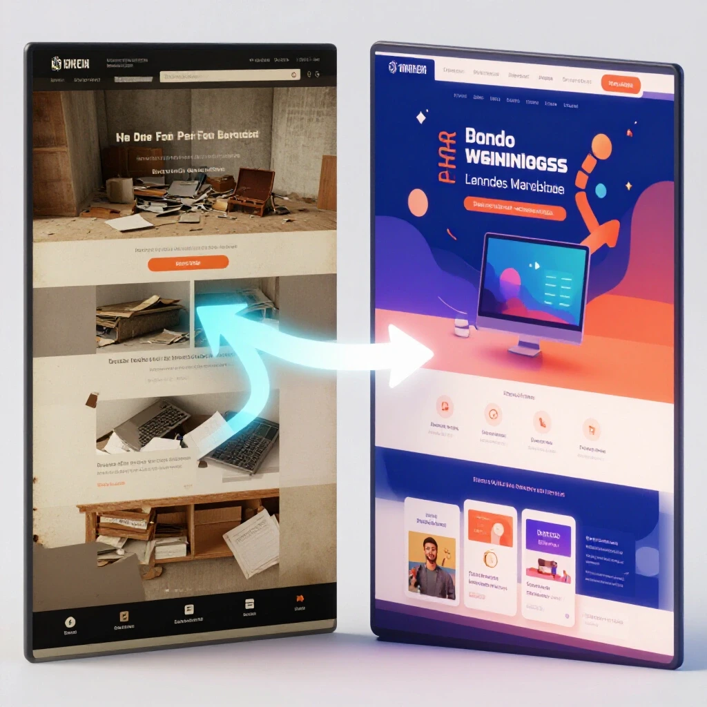 Split-screen image showing an outdated landing page on the left and a modern landing page on the right, with a glowing arrow indicating transformation.