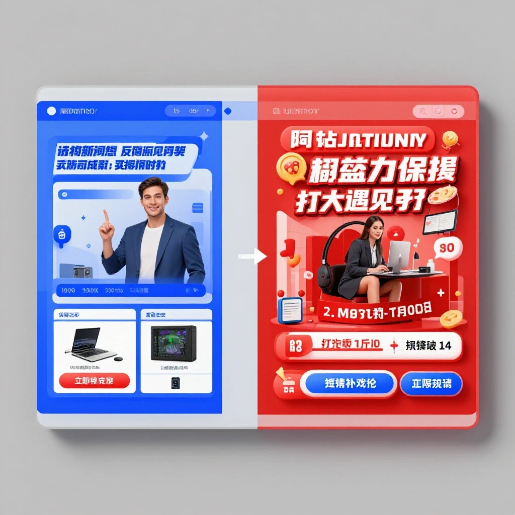 A split-image graphic highlighting a vibrant landing page on the left and a striking ad creative on the right to compare effectiveness.