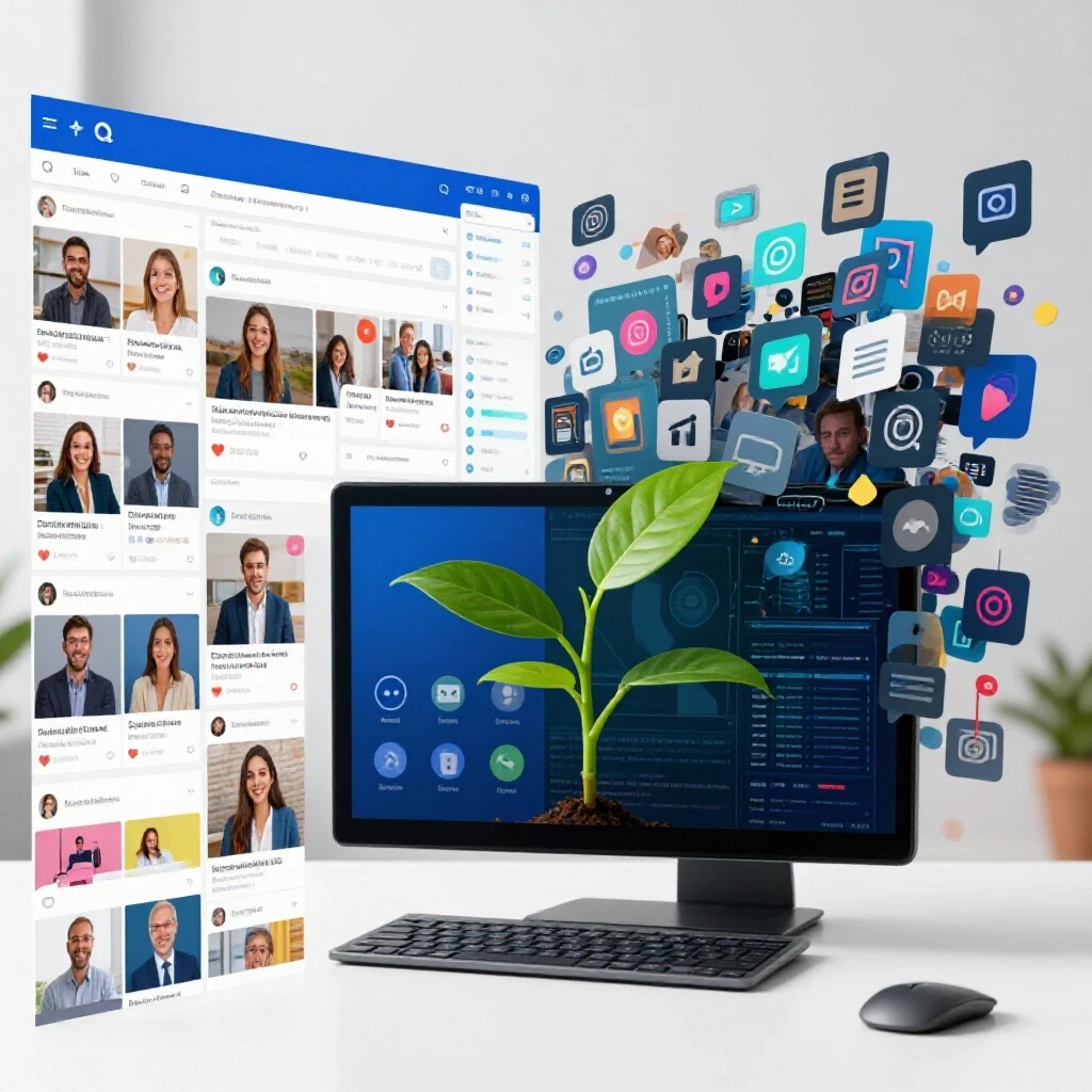 A split image showing a vibrant social media feed on one side and a cluttered digital landscape on the other, symbolizing the difference between organized and chaotic social media strategies.