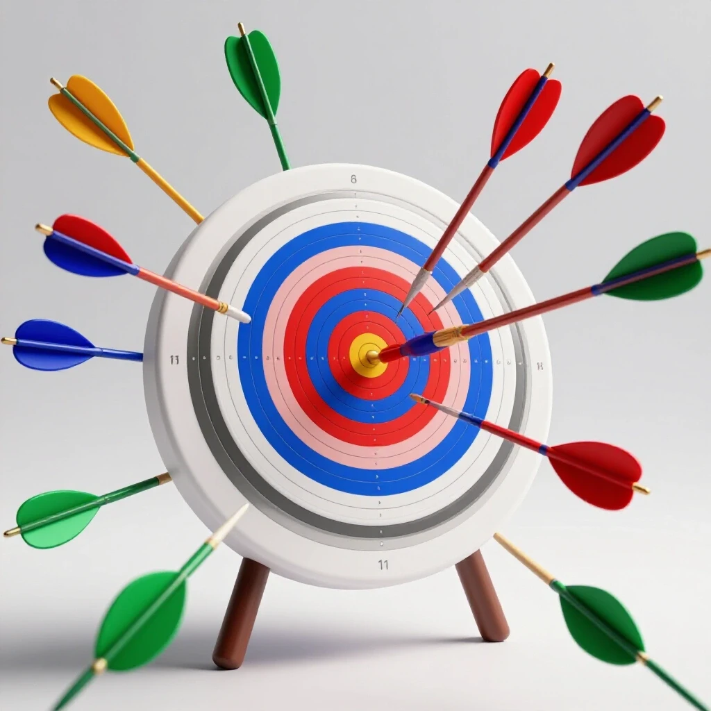A target board with arrows depicting success and failures, set against a bright background.