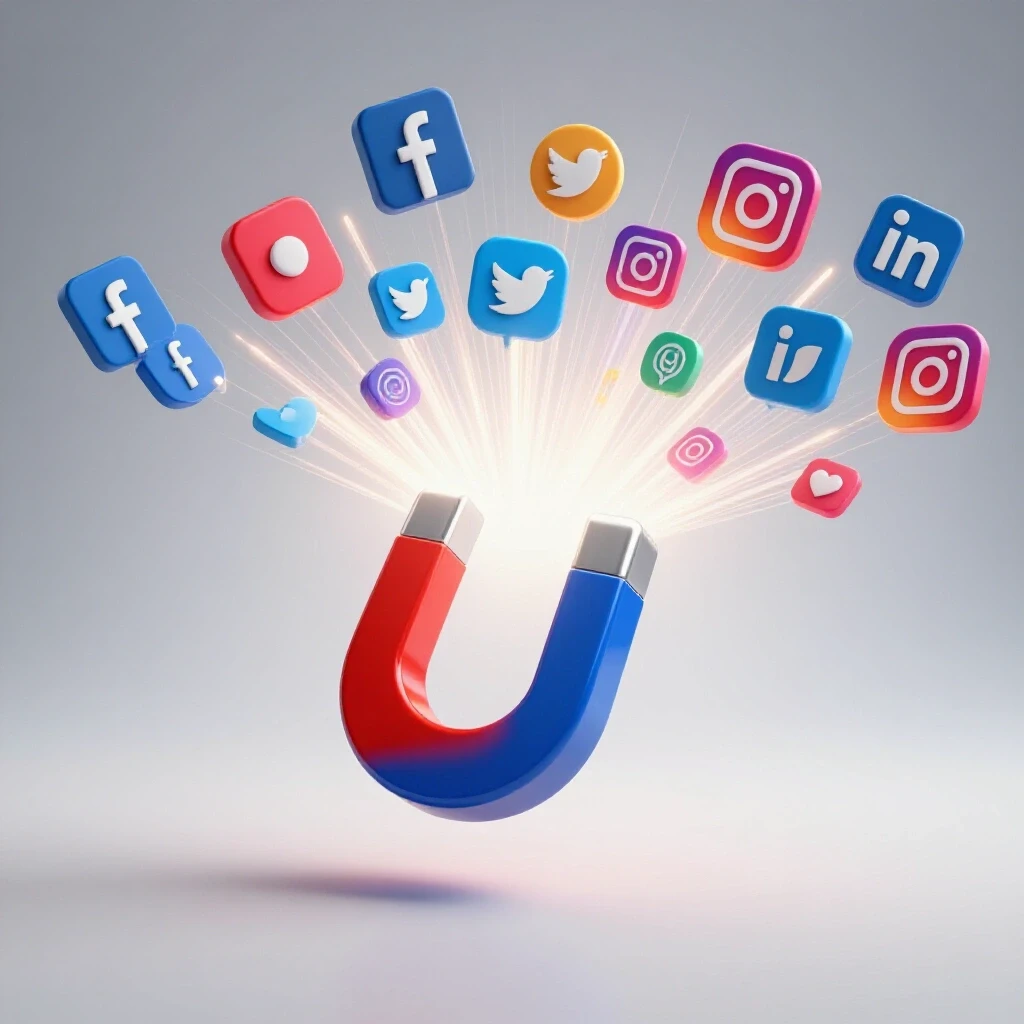 A bright magnet attracting colorful social media icons with light rays, symbolizing energy and attraction.