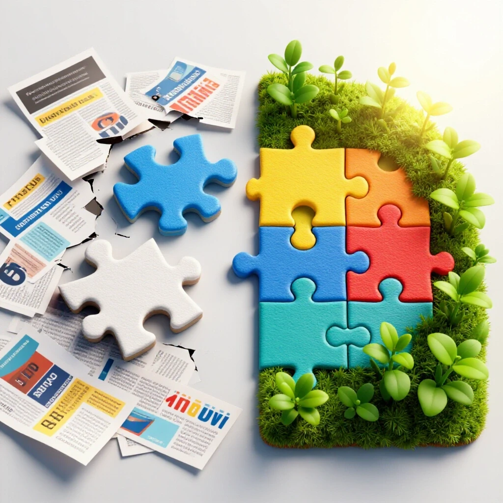 A split-screen image illustrating broken puzzle pieces on one side and vibrant, connecting pieces with plants on the other, symbolizing partnership growth.
