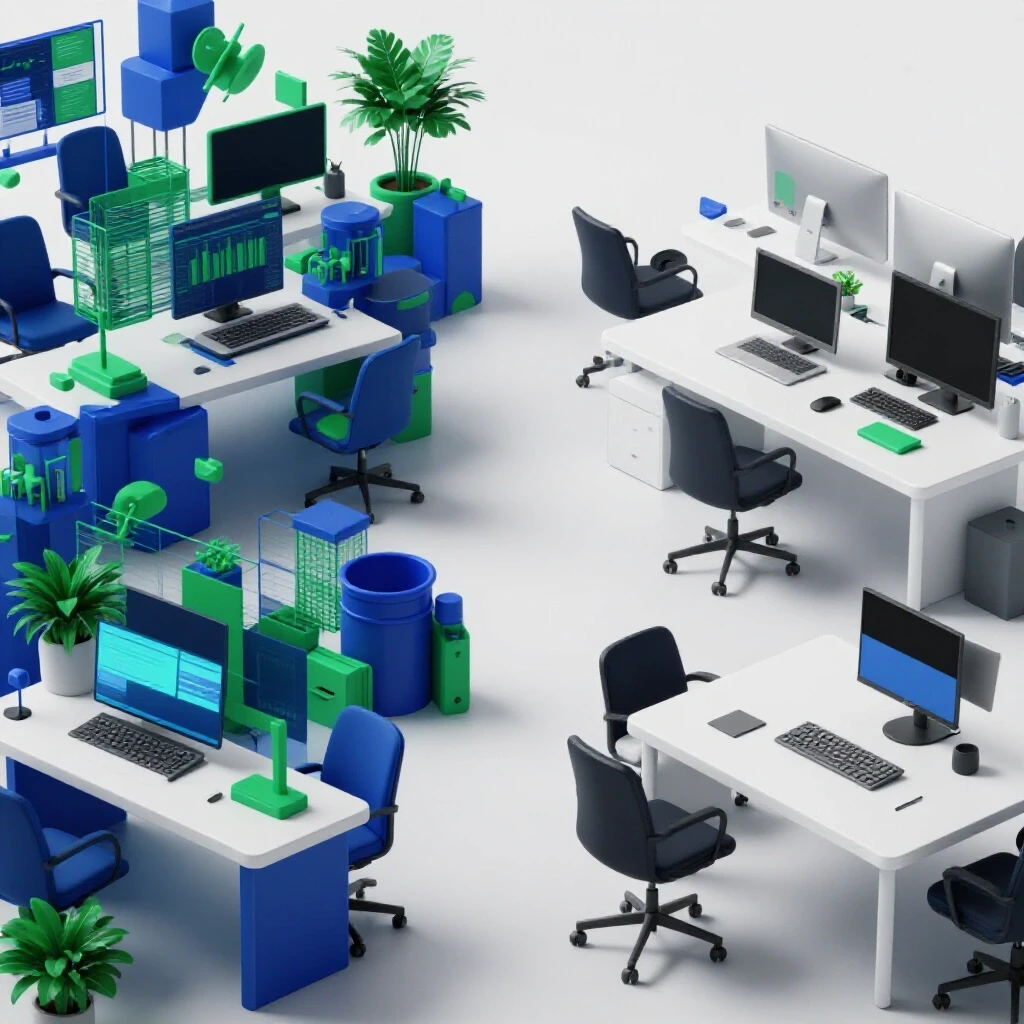 Vibrant startup chaos juxtaposed with serene social media workspace in a polished 3D composition.