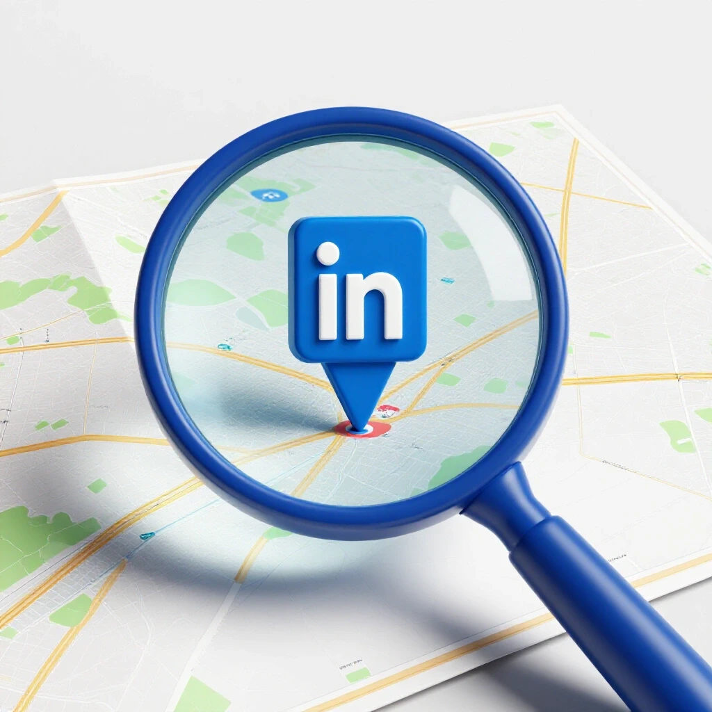 A magnifying glass over a map highlighting a local business with LinkedIn's logo integrated, symbolizing local advertising.