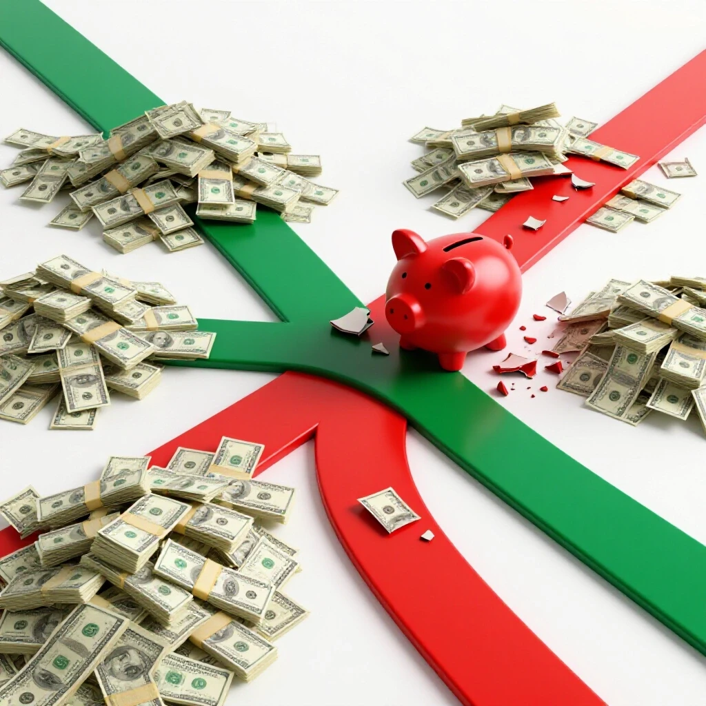 A crossroads depicting a path to a pile of money and another to a broken piggy bank, symbolizing budget choices in LinkedIn ads.