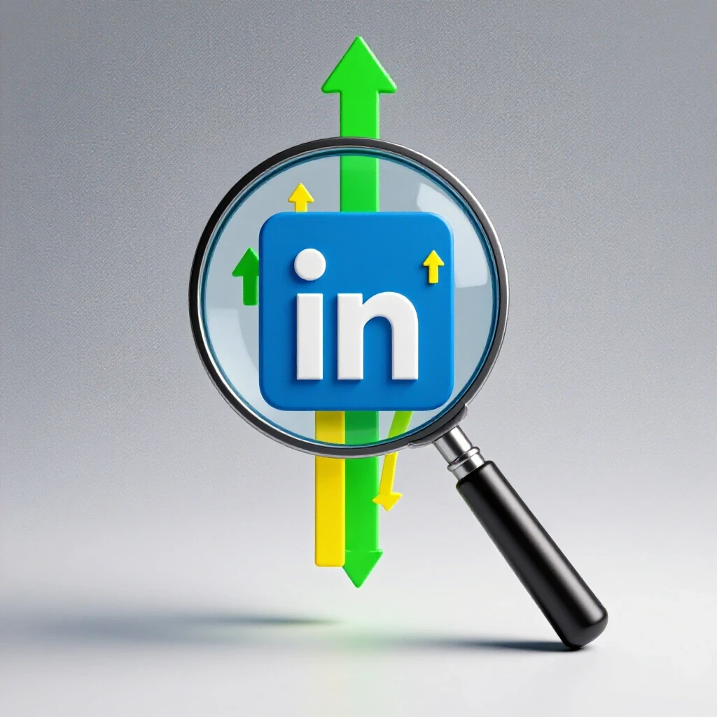 A magnifying glass over a LinkedIn logo with vibrant arrows, symbolizing growth and performance analysis.