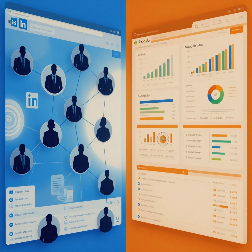 Comparison of LinkedIn Ads and Google Ads showcasing contrasting interfaces for B2B pipeline growth strategies.