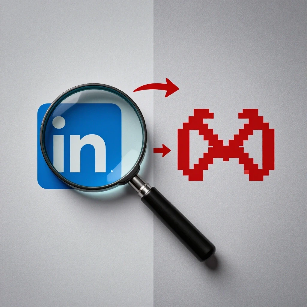 A split-image showcasing a magnifying glass over the LinkedIn logo and a pixelated Meta logo contrasting in vibrant colors.