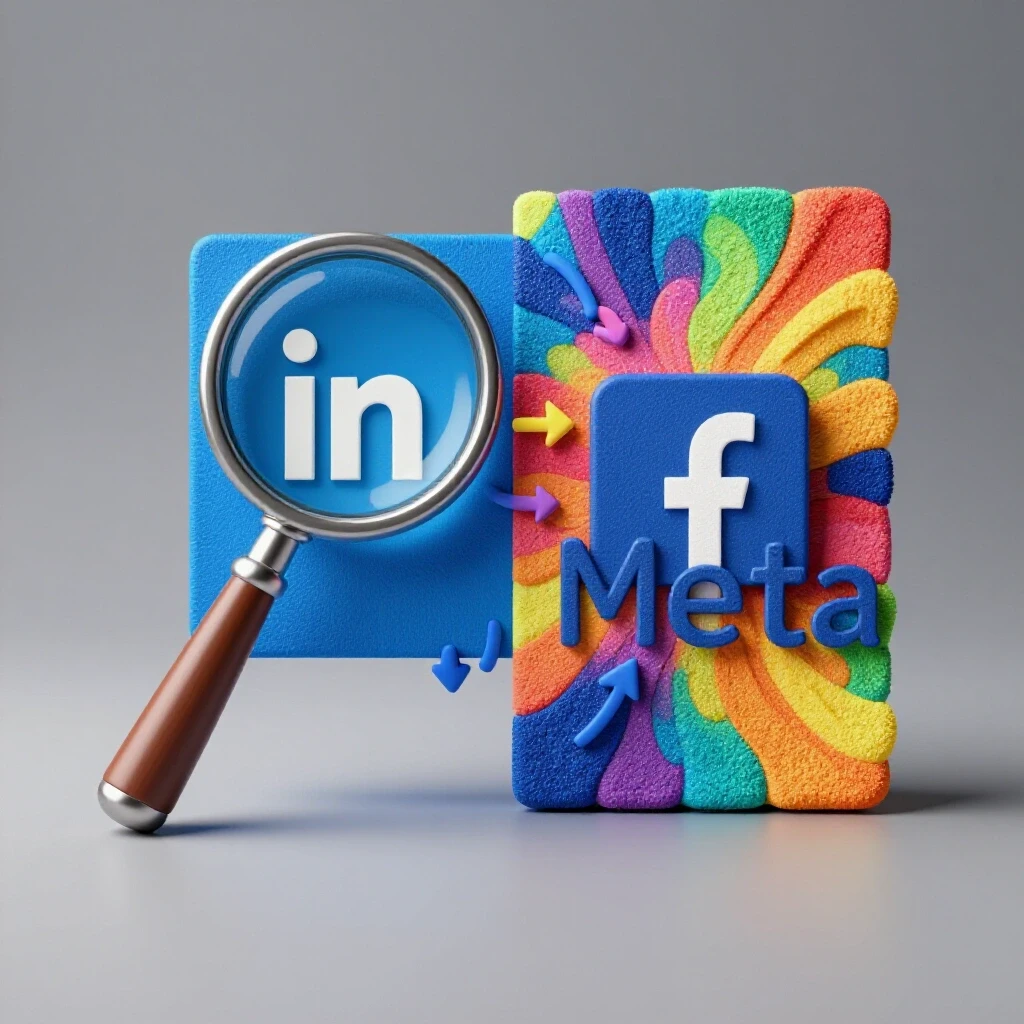 Comparison design featuring a magnifying glass on LinkedIn logo and Meta logo with connecting metrics.
