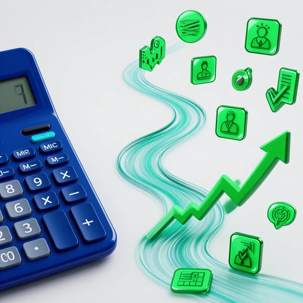 A visual comparison of a high-tech calculator and a stream of digital lead icons representing agency growth.
