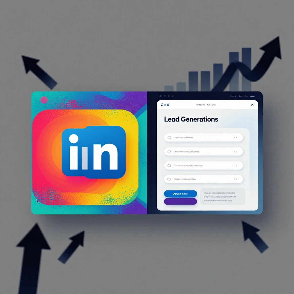 A vibrant LinkedIn logo and dynamic lead gen form on one side, a sleek landing page mockup on the other, surrounded by arrows and graphs.