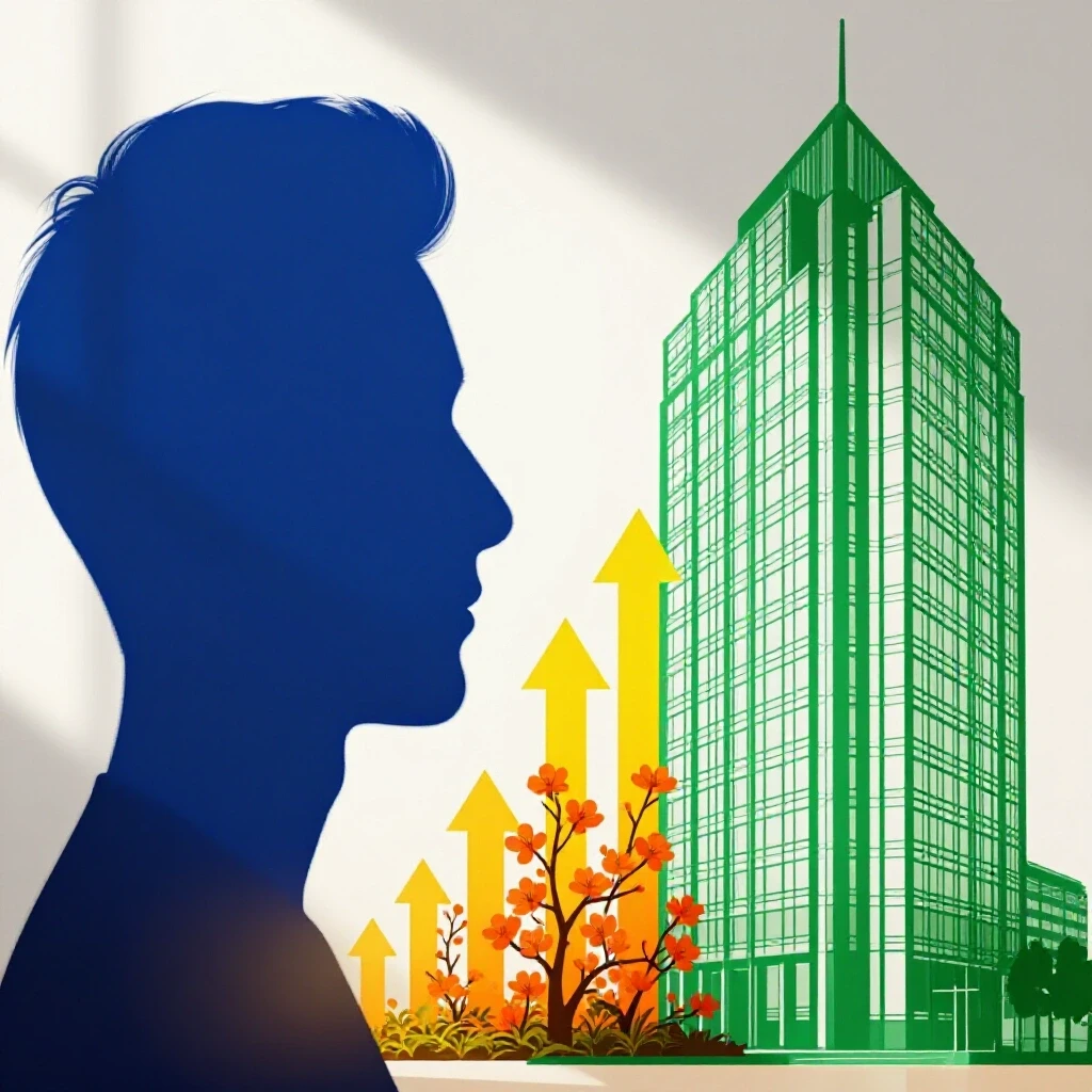 Split image of a personal profile silhouette and a corporate building outline representing branding growth.