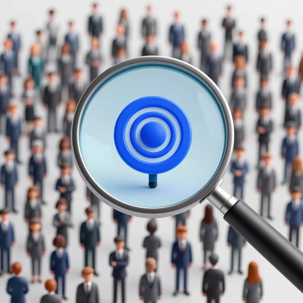 A magnifying glass highlighting a small target amidst a blurred crowd, symbolizing LinkedIn retargeting precision.